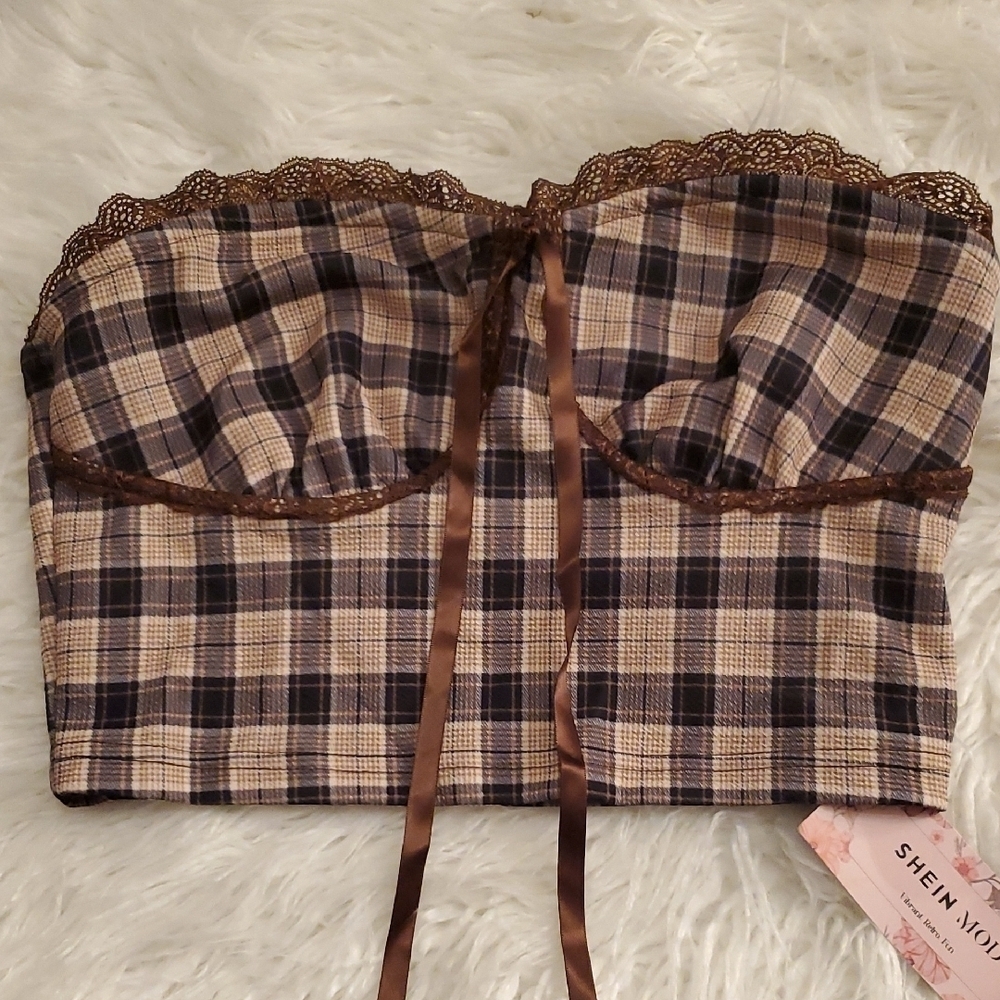 🇺🇸New SHEIN Brown and Cream Plaid Corset with Lace Size Medium